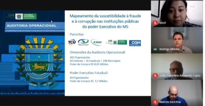 imagem de 4 pessoas no webinar: mapeamento da suscetibilidade à fraude e à corrupção nas instituições públicas do poder executivo do MS.